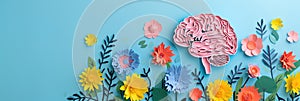 paper cut card Human brain with spring colorful flowers World Mental Health day Concept of mental health creative mind , self care