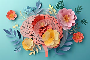 paper cut card Human brain with spring colorful flowers World Mental Health day Concept of mental health creative mind , self care