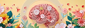 paper cut card Human brain with spring colorful flowers World Mental Health day Concept of mental health creative mind , self care