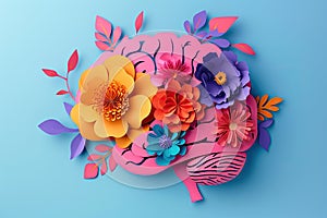 paper cut card Human brain with spring colorful flowers World Mental Health day Concept of mental health creative mind , self care