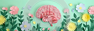 paper cut card Human brain with spring colorful flowers World Mental Health day Concept of mental health creative mind , self care