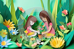 paper cut card A mother and daughter planting flowers together in their backyard garden