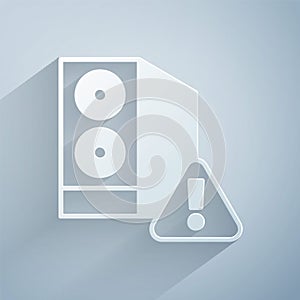 Paper cut Case of computer with exclamation mark icon isolated on grey background. Computer server. Workstation. Paper