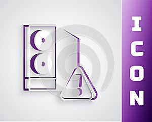 Paper cut Case of computer with exclamation mark icon isolated on grey background. Computer server. Workstation. Paper