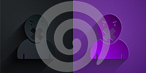 Paper cut Censor and freedom of speech concept icon isolated on black on purple background. Media prisoner and human