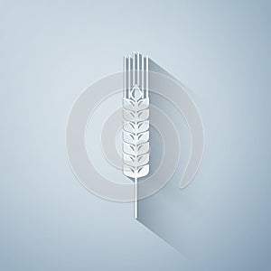 Paper cut Cereals icon set with rice, wheat, corn, oats, rye, barley icon isolated on grey background. Ears of wheat