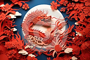 A paper cut chinese art showing the Happy new year, the dragon zodiac sign with flowers, asian elements in red blue and white. photo