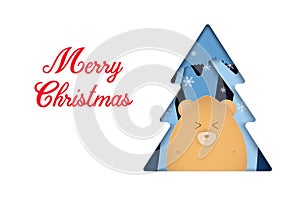 Paper cut Christmas card bear Winter scene tree background blue color vector illustration.
