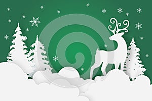 Paper cut Christmas card reindeer Winter scene heart background blue color vector illustration.