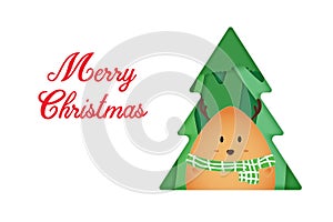 Paper cut Christmas card Reindeer Winter scene tree background blue color vector illustration.