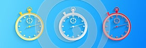 Paper cut Classic stopwatch icon isolated on blue background. Timer icon. Chronometer sign. Paper art style. Vector