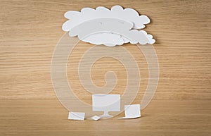Paper cut of Cloud computing concept on wood