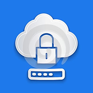 Paper cut Cloud computing lock icon isolated on blue background. Security, safety, protection concept. Protection of personal data