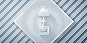 Paper cut Cloud technology data transfer and storage icon isolated on grey background. Paper art style. Vector