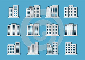 Paper cut company icons set on white background, Building vector collection, Isolated business illustration, Architecture modern o