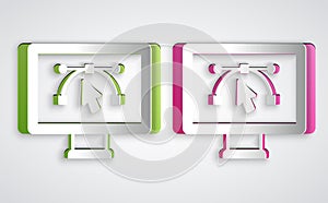 Paper cut Computer display with vector design program icon isolated on isolated on grey background. Photo editor