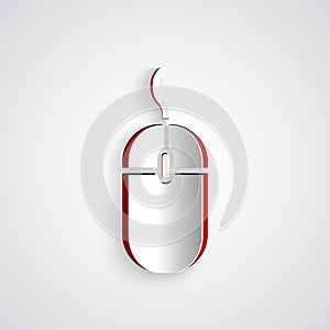 Paper cut Computer mouse icon isolated on grey background. Optical with wheel symbol. Paper art style. Vector