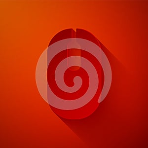 Paper cut Computer mouse icon isolated on red background. Optical with wheel symbol. Paper art style. Vector