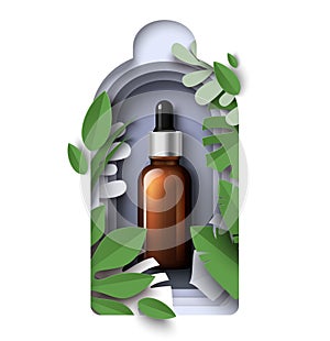 Paper cut cosmetic dropper bottle with essential oil, serum glass bottle. Beauty and skin care product ads, vector.