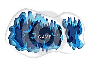 Paper cut craft style cave with bat silhouettes, vector illustration. Speleology or cave science, sport tourism.