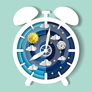 Paper cut craft style clock with day and night sky on dial, vector illustration. Sleep wake cycle. Circadian rhythm.