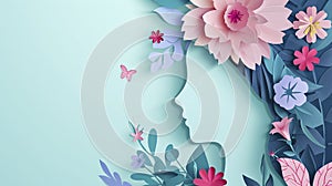 paper cut craft of woman face and flowers offers space for Women's Day sentiments, free copy space