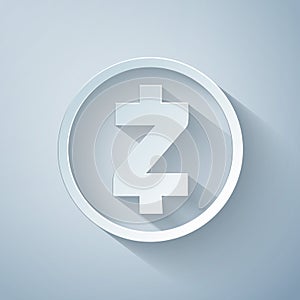 Paper cut Cryptocurrency coin Zcash ZEC icon on grey background. Physical bit coin. Digital currency. Altcoin symbol photo
