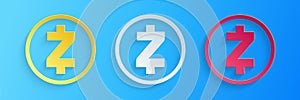 Paper cut Cryptocurrency coin Zcash ZEC icon isolated on blue background. Physical bit coin. Digital currency photo