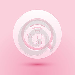 Paper cut Cup of coffee shop with free wifi zone icon isolated on pink background. Internet connection placard. Paper