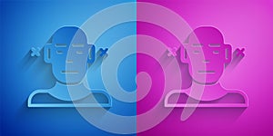Paper cut Deafness icon isolated on blue and purple background. Deaf symbol. Hearing impairment. Paper art style. Vector