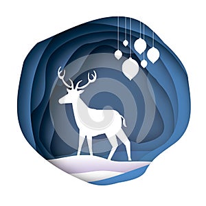 Paper cut deer in snowy cave. Merry Christmas Greeting card. Origami winter season. Happy New Year. Paper art style