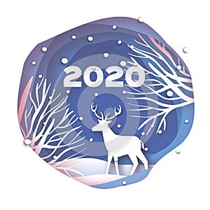 Paper cut deer in snowy forest and landscape. Merry Christmas Greeting card. 2020. Origami winter season. Happy New Year