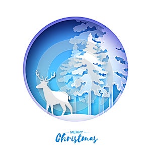 Paper cut deer in snowy forest and landscape. Merry Christmas Greeting card.Origami winter season. Happy New Year. Paper
