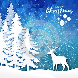 Paper cut deer in snowy forest and landscape. Merry Christmas Greeting card.Origami winter season. Happy New Year. Paper