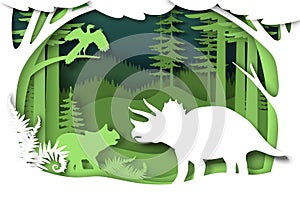 Paper cut dino silhouettes and nature landscape, vector illustration. Dinosaur, reptile wild animal. Archeology, history photo