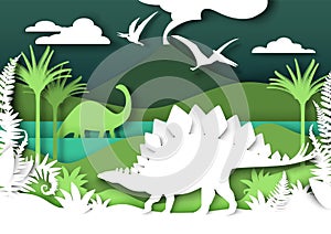 Paper cut dino silhouettes and nature landscape, vector illustration. Dinosaur, reptile wild animal. Archeology, history