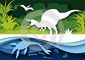 Paper cut dino silhouettes and nature landscape, vector illustration. Dinosaur, reptile wild animal. Archeology, history photo