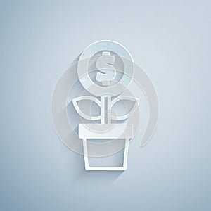 Paper cut Dollar plant icon isolated on grey background. Business investment growth concept. Money savings and