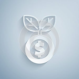 Paper cut Dollar plant icon isolated on grey background. Business investment growth concept. Money savings and