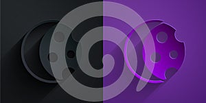Paper cut Eclipse of the sun icon isolated on black on purple background. Total sonar eclipse. Paper art style. Vector photo