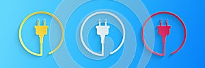 Paper cut Electric plug icon isolated on blue background. Concept of connection and disconnection of the electricity