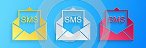 Paper cut Envelope icon isolated on blue background. Received message concept. New, email incoming message, sms. Mail