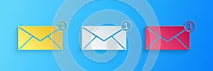 Paper cut Envelope icon isolated on blue background. Received message concept. New, email incoming message, sms. Mail