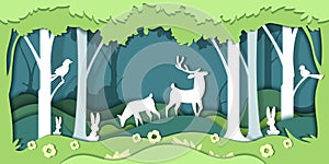 Paper cut environment. Multilayer flat cardboard forest with animals, save the world origami concept. Deer, hares and