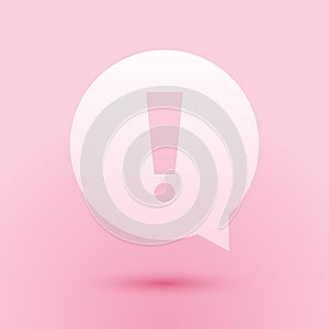 Paper cut Exclamation mark in circle icon isolated on pink background. Hazard warning symbol. Paper art style. Vector