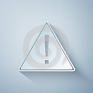 Paper cut Exclamation mark in triangle icon isolated on grey background. Hazard warning sign, careful, attention, danger