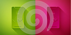 Paper cut Eye scan icon isolated on green and pink background. Scanning eye. Security check symbol. Cyber eye sign