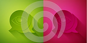 Paper cut Eye scan icon isolated on green and pink background. Scanning eye. Security check symbol. Cyber eye sign