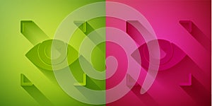 Paper cut Eye scan icon isolated on green and pink background. Scanning eye. Security check symbol. Cyber eye sign