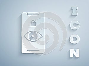 Paper cut Eye scan icon isolated on grey background. Scanning eye. Security check symbol. Cyber eye sign. Paper art